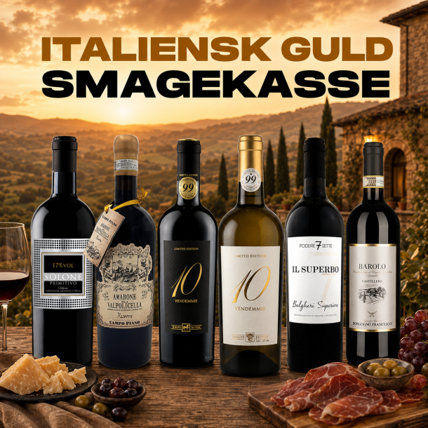 ITALIENSK SMAGEKASSE GULD - 6 flasker KUN 999 KR.