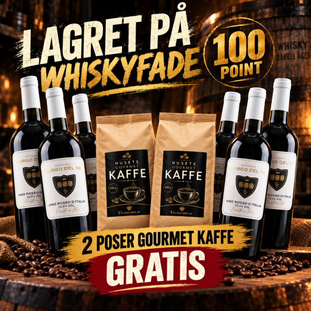 6 fl. Borgo del Re Whisky Barrel + 2 poser Gourmet Kaffe