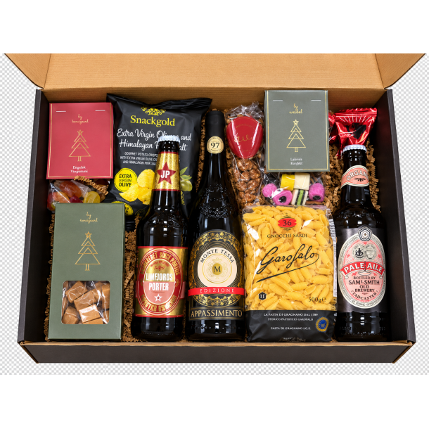Julens l�kkerier med r�dvin, �l og snacks 499 kr.