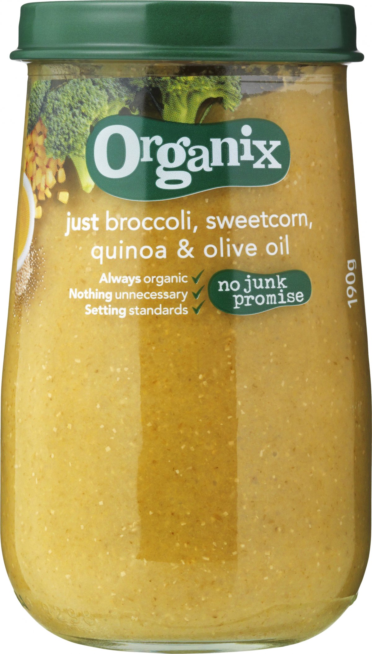 Organix Just Broccoli Sweetcorn Quinoa Olive Oil ko Glas 6 Mdr 