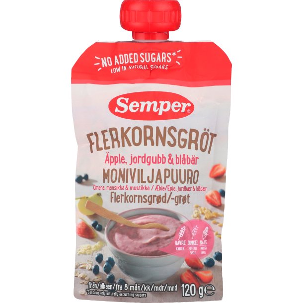 Semper Spiseklar Flerkornsgrd i klemmepose ble, Jordbr & Blbr 8+ mdr. 120 g. 