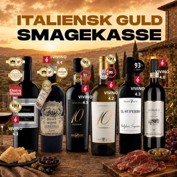 ITALIENSK SMAGEKASSE GULD - 6 flasker KUN 999 KR.