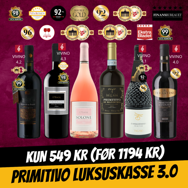 LUKSUS Primitivo Smagekasse m. 6 flasker Version 3.0