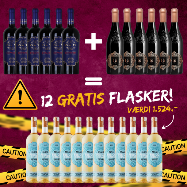 12 FLASKER Italiensk rødvin + 12 GRATIS fl. hvidvin på toppen